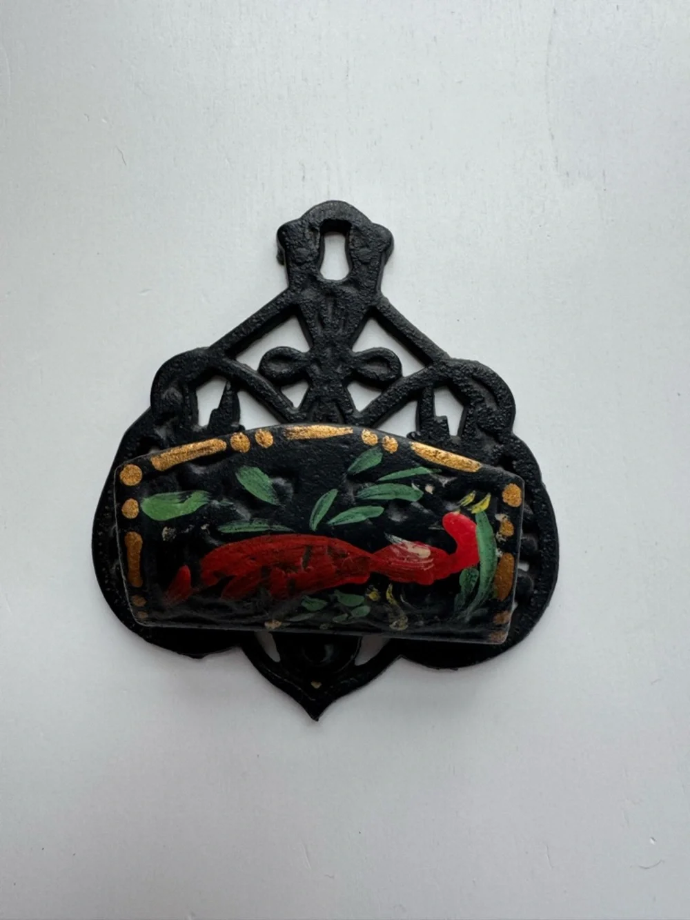 Black Wall Hook with Hand-Painted Red Bird and Gold Accents